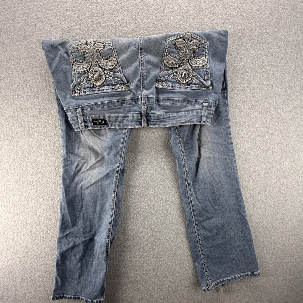 Earl Jean Slim Boot Embellished Fleur De Lis Rhinestone Blue Denim Jeans Size 12